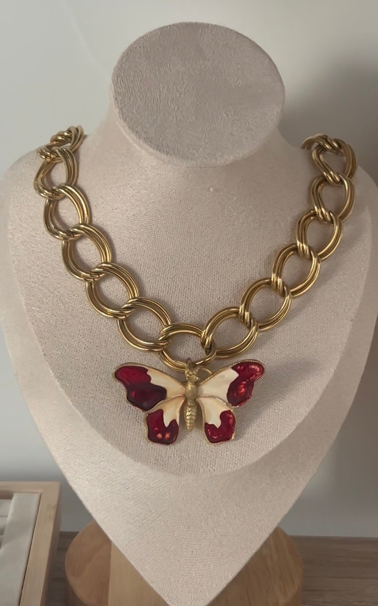 Vintage Red Enamel Butterfly Pendant | Curb Chain Necklace in Gold Tone Metal