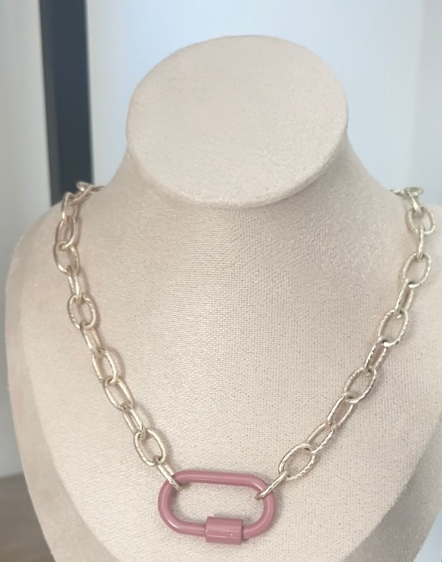 Pink Carabiner Silver Chain Link Necklace