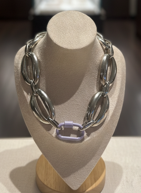 Purple Carabiner with Vintage 1970s Style Large Silver Oval Chain Necklace