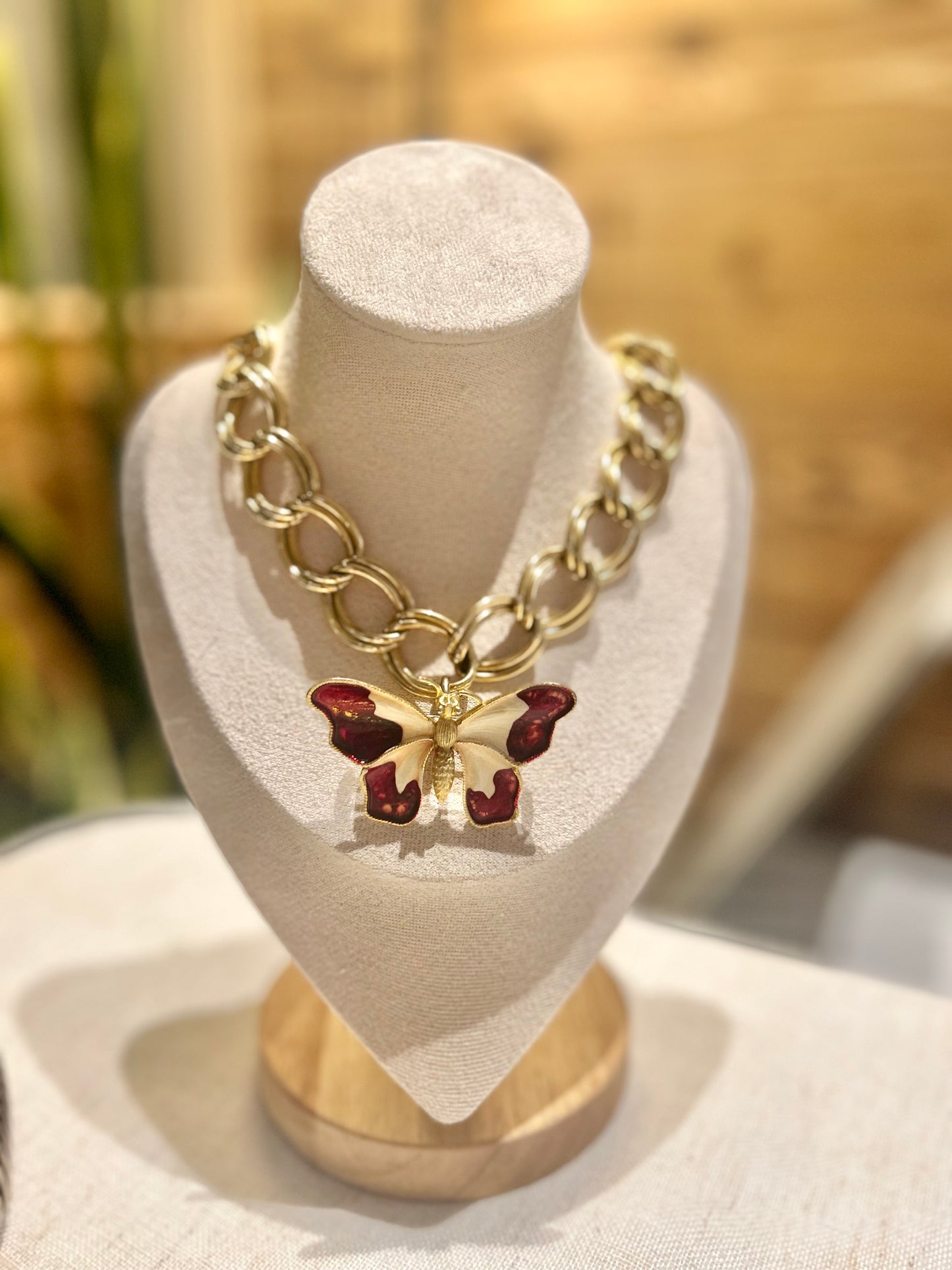 Vintage Red Enamel Butterfly Pendant | Curb Chain Necklace in Gold Tone Metal