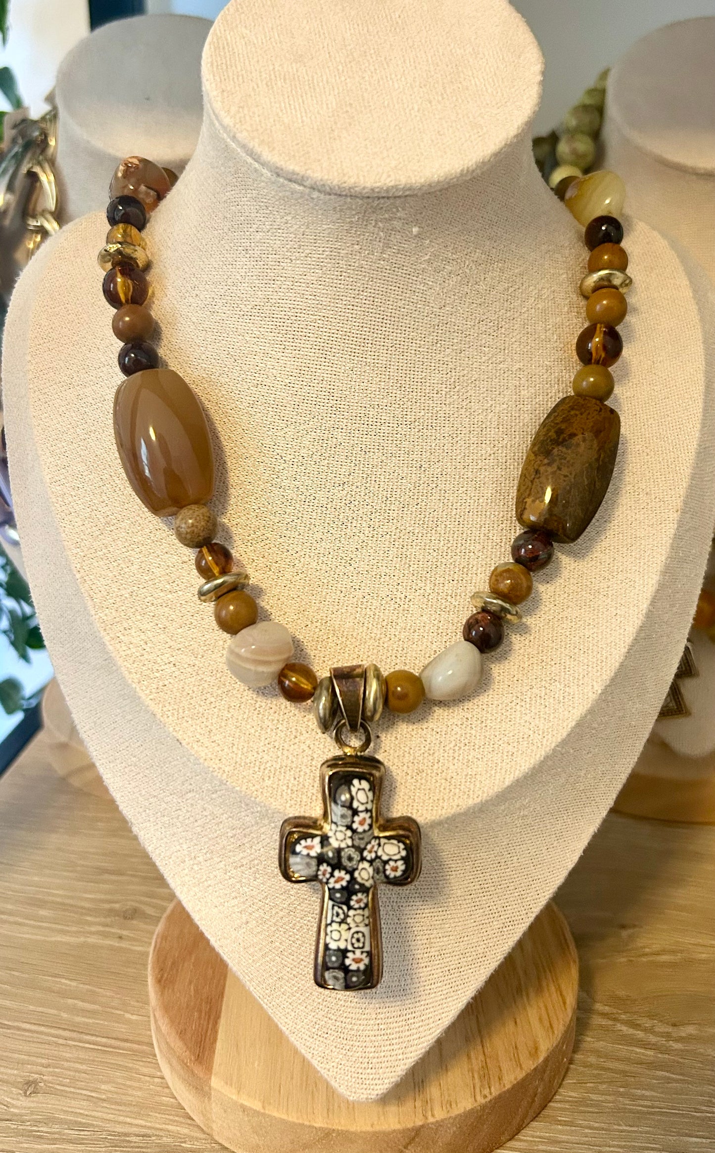 Murano Glass Millefiori Cross Pendant & Brown Agate Beads Necklace