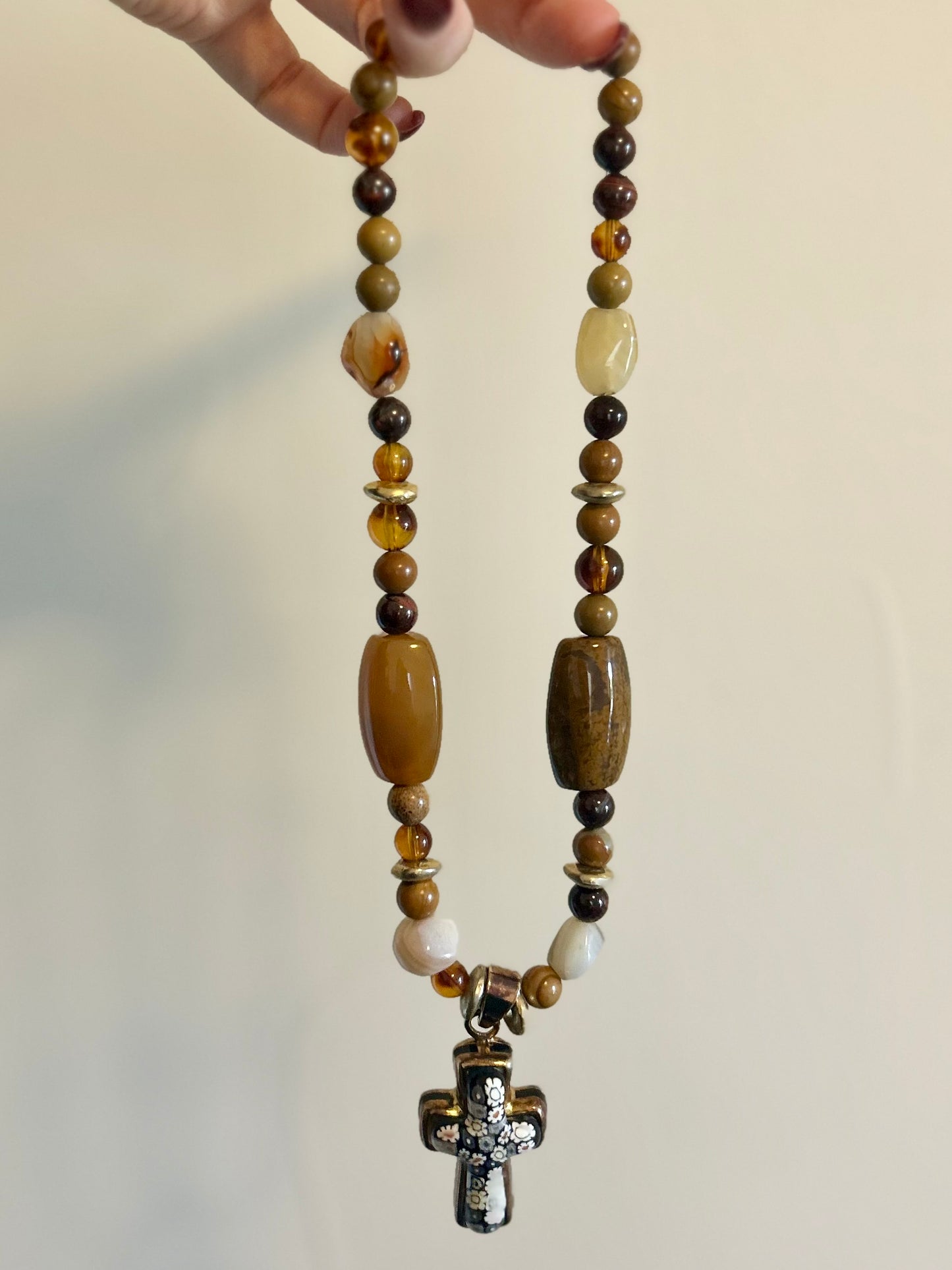 Murano Glass Millefiori Cross Pendant & Brown Agate Beads Necklace