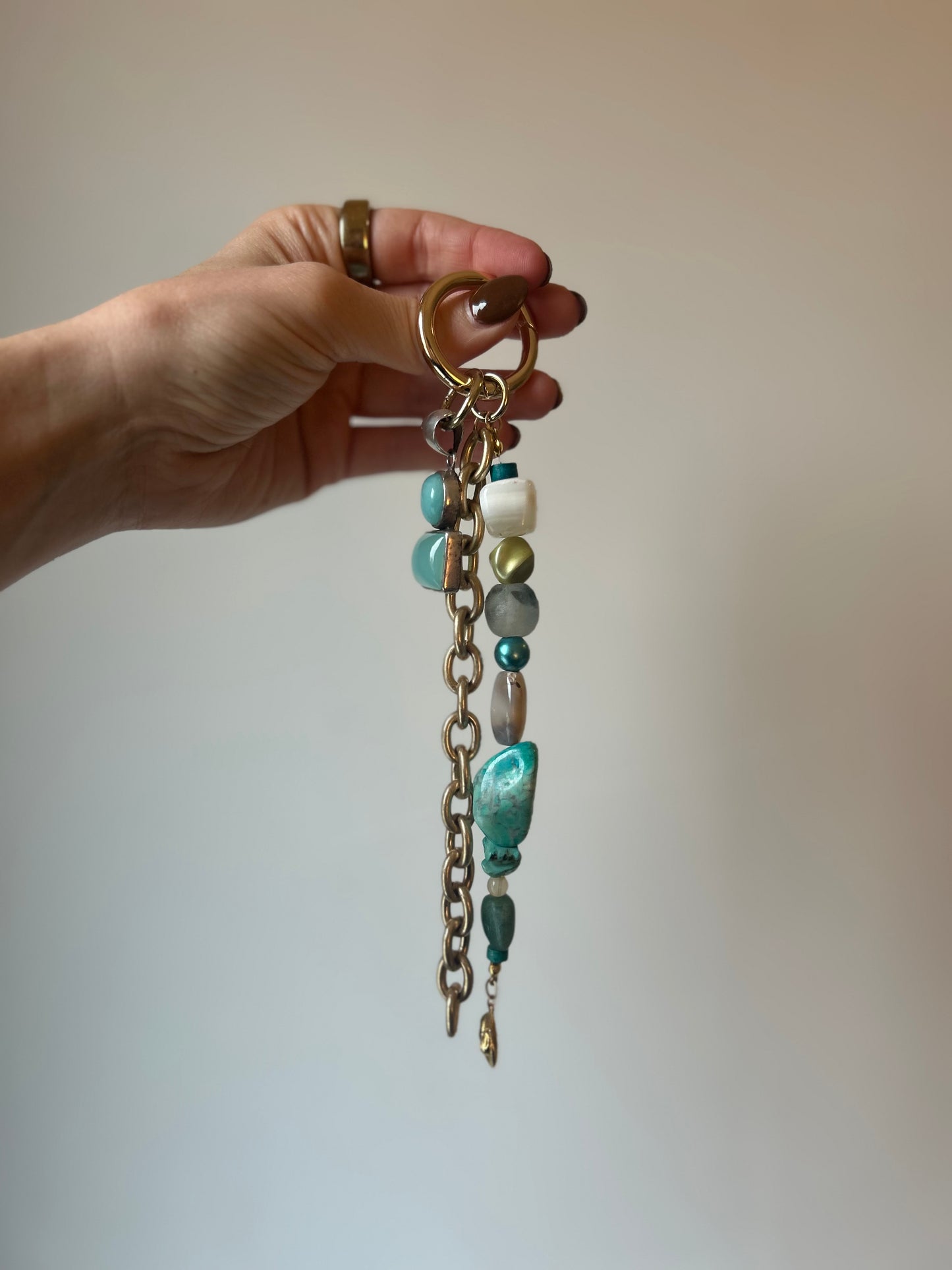 Blue Green Agate Stone and Mixed Bead Bag Charm