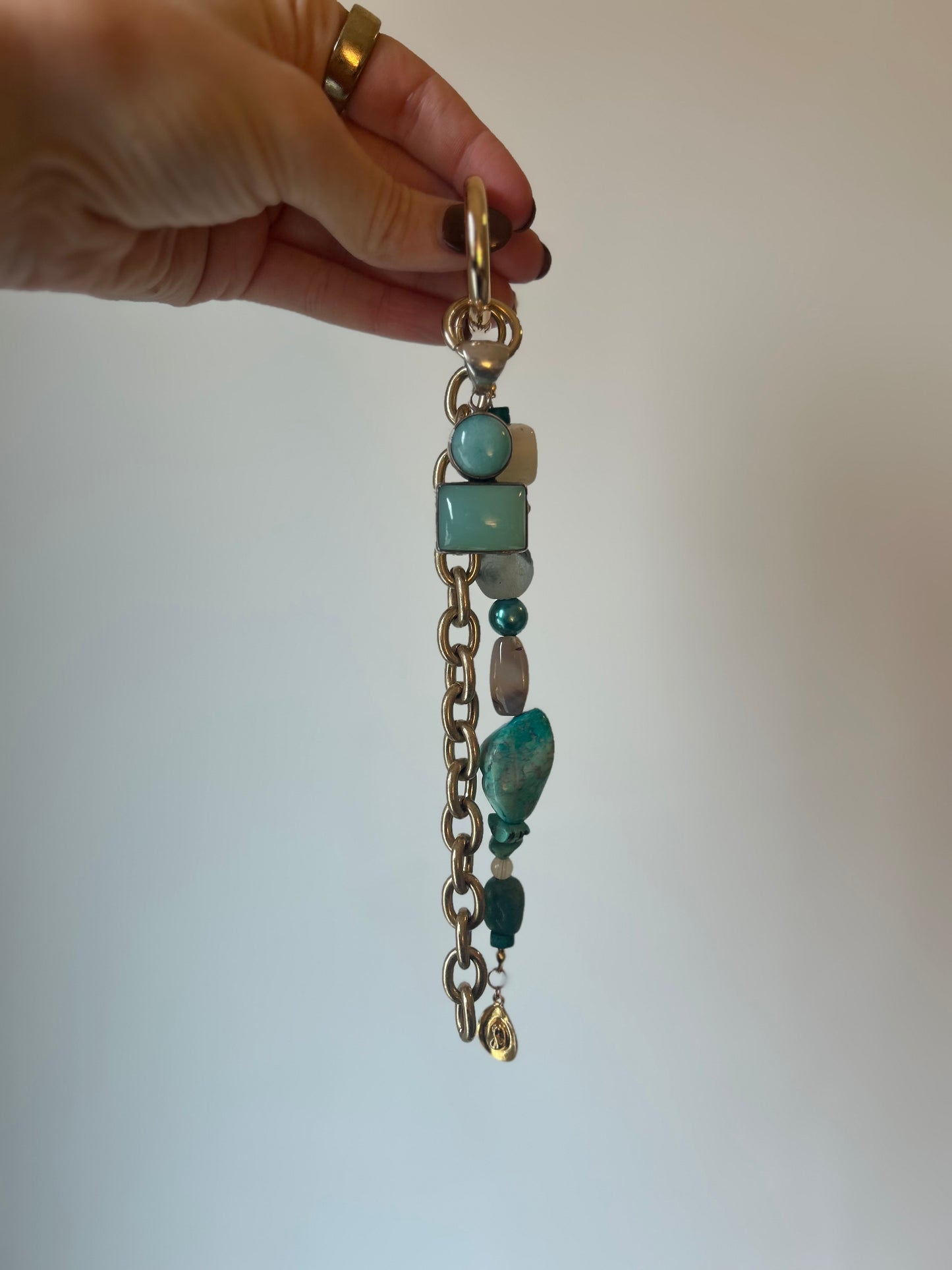 Blue Green Agate Stone and Mixed Bead Bag Charm