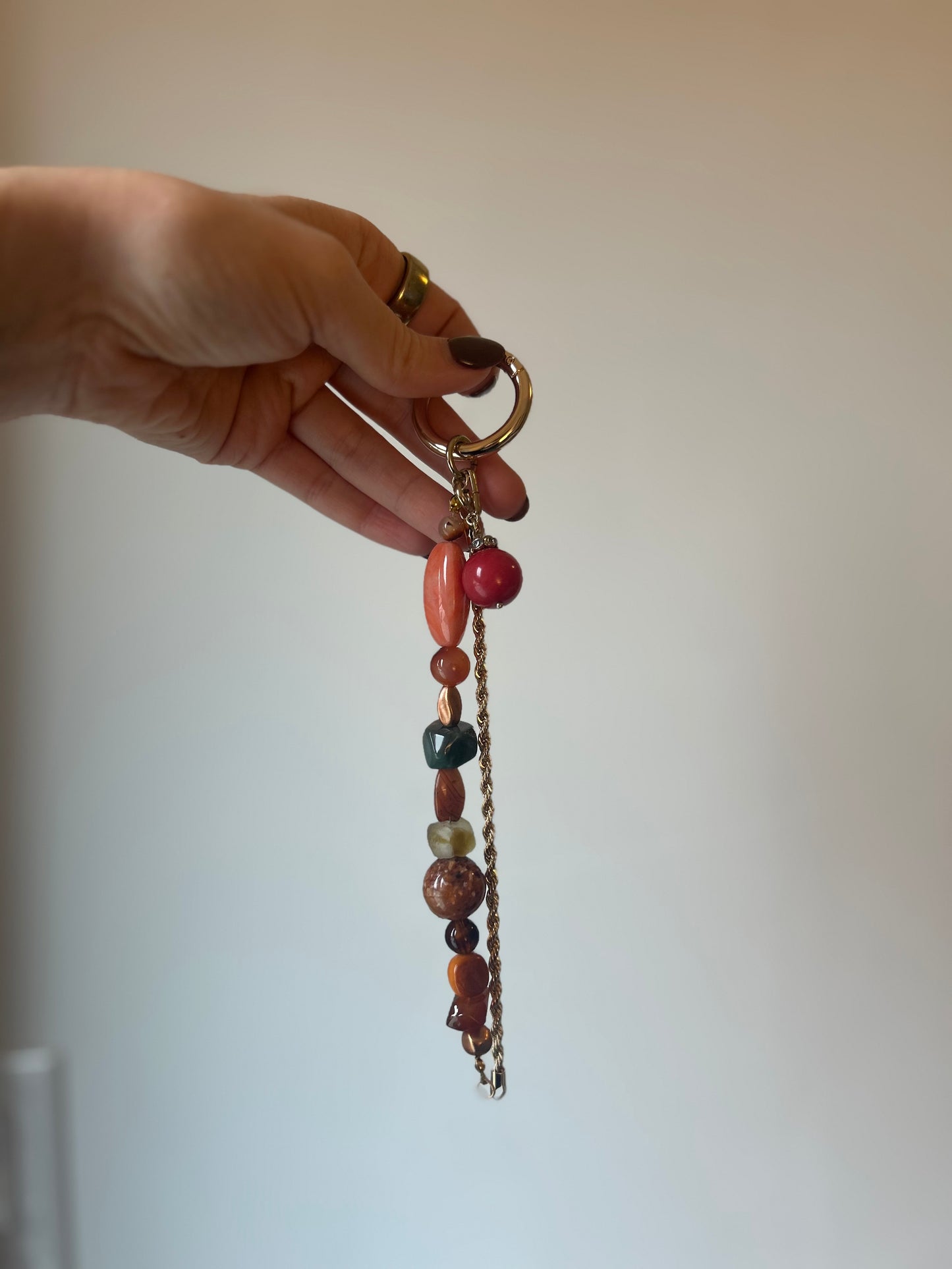 Pink and Orange Mixed Agate Stone and Beaded Bag Charm
