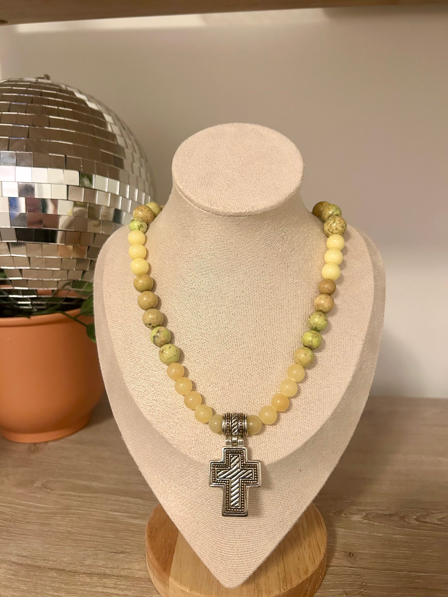 Handmade Yellow Green Mixed Bead Necklace with Silver Plated Cross Pendant