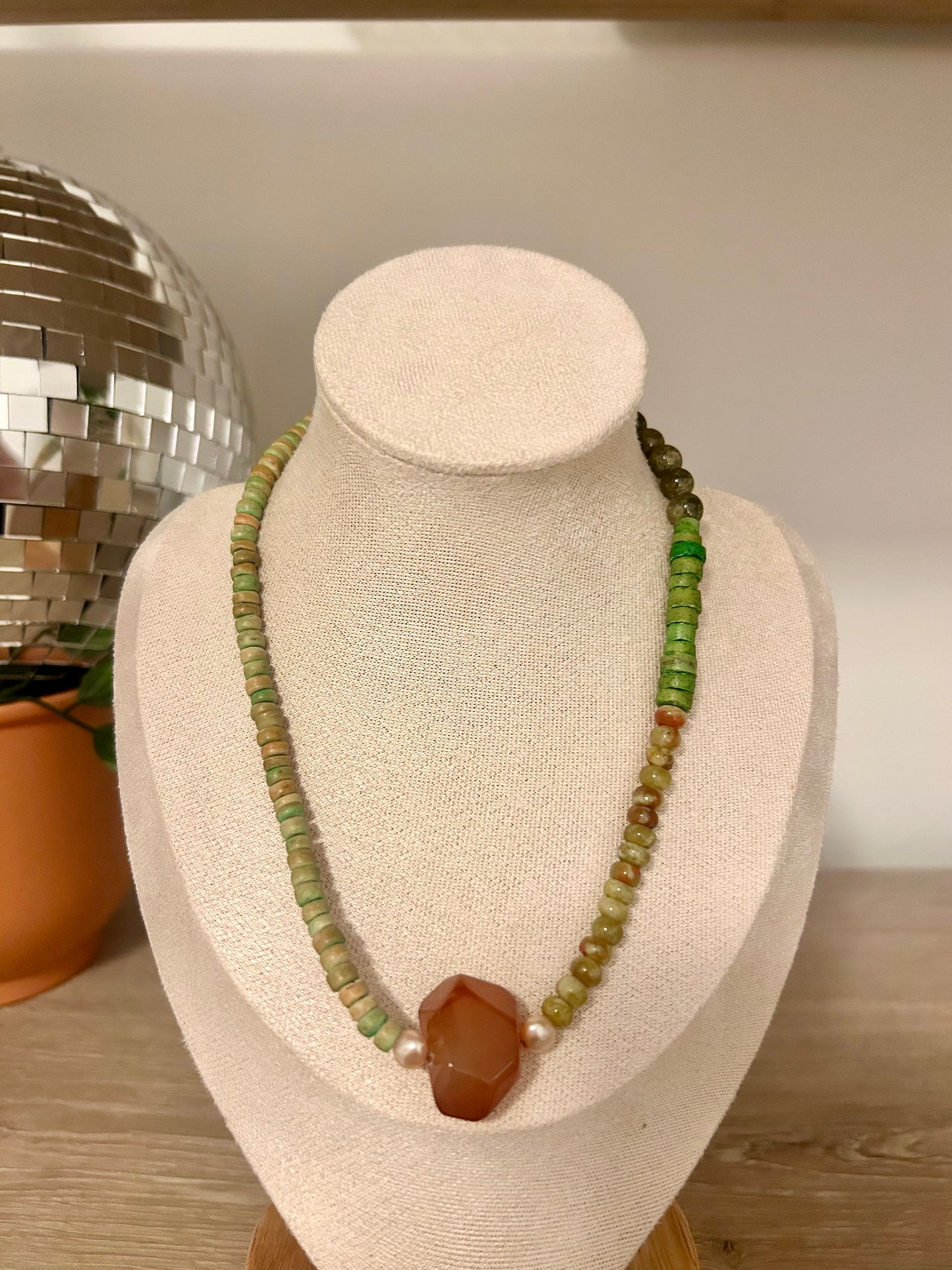 Handmade Mixed Bead Necklace with Orange Agate Stone Pendant
