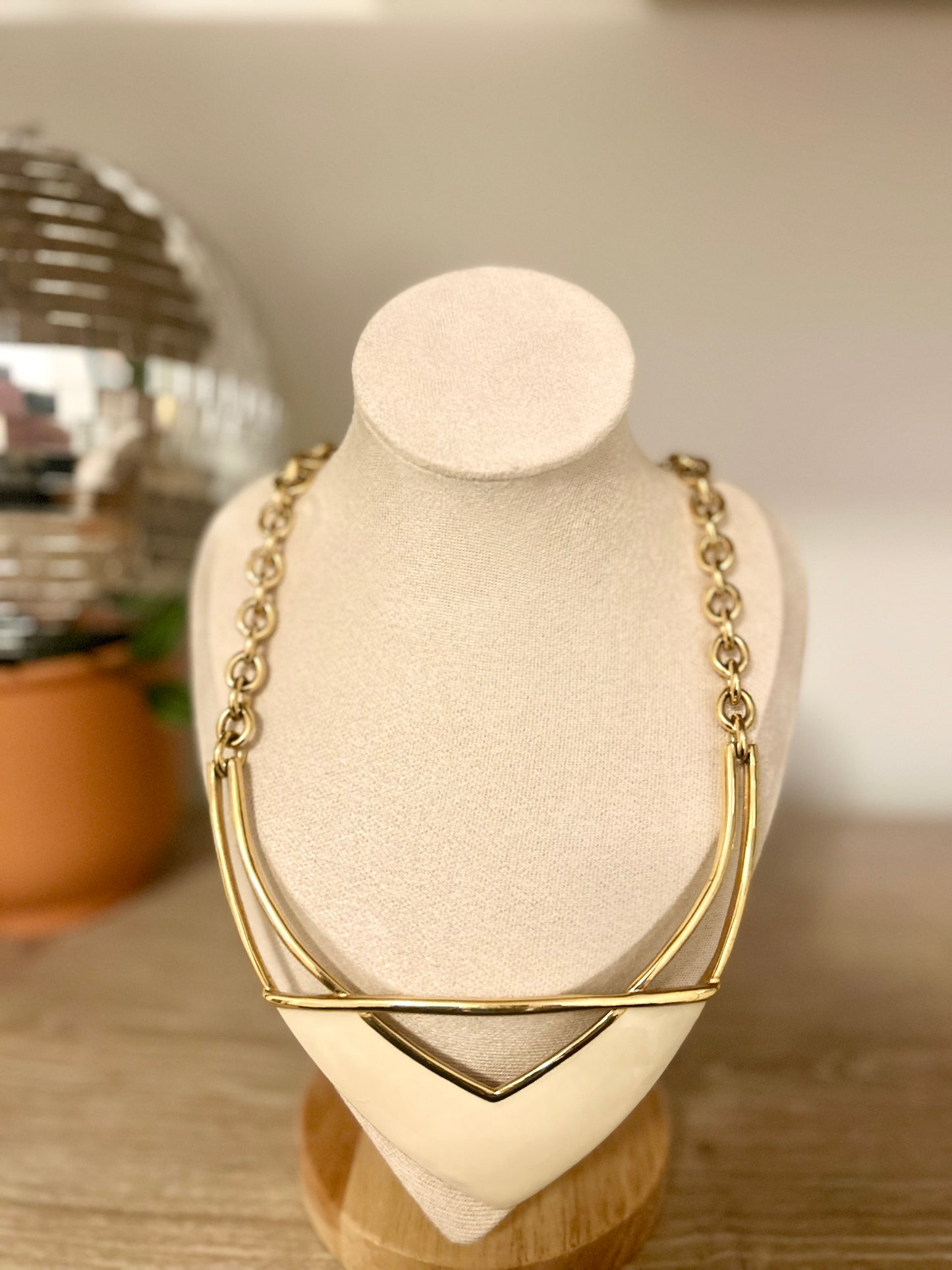 Vintage 1980s Monet Large Bib Style Gold Tone Cream Enamel Statement Chain Link Necklace