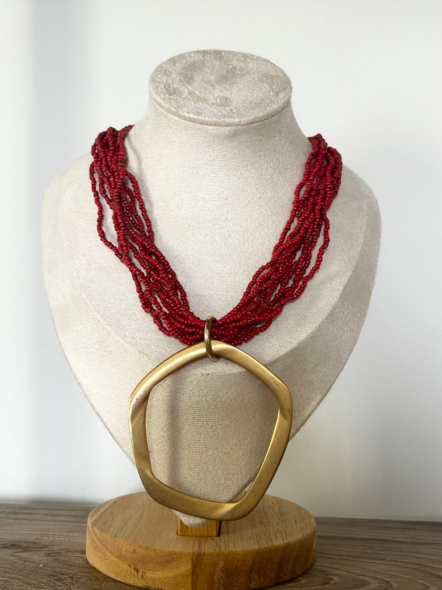 Handmade | Multi-strand Red Seed Bead Necklace with Large Gold Tone Geometric Pendant