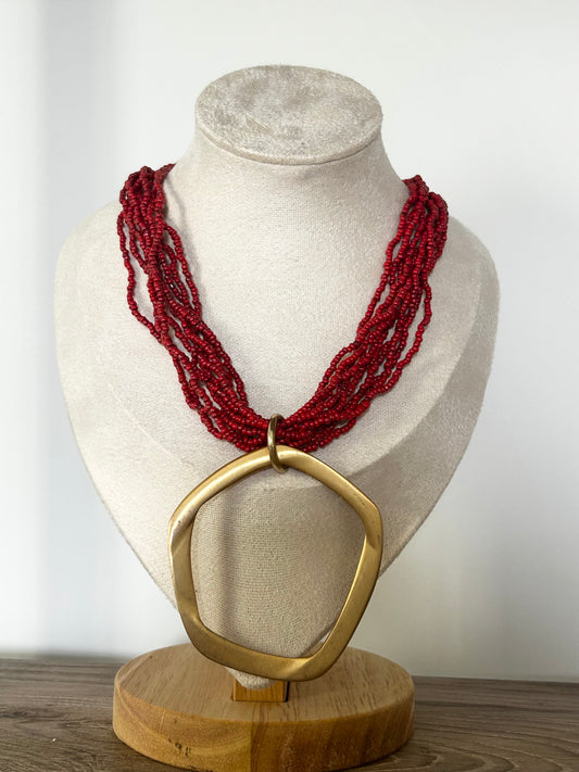 Handmade | Multi-strand Red Seed Bead Necklace with Large Gold Tone Geometric Pendant