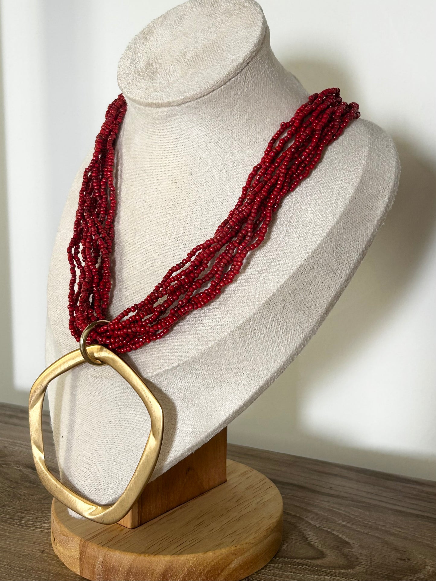 Handmade | Multi-strand Red Seed Bead Necklace with Large Gold Tone Geometric Pendant