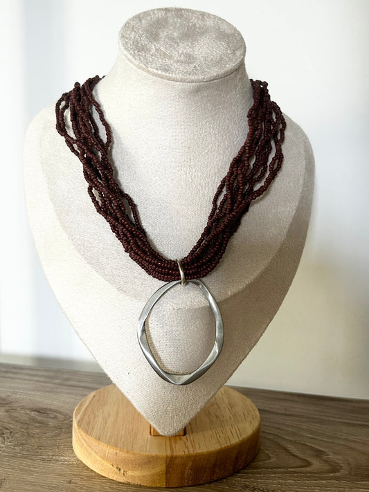 Handmade | Multi-strand Brown Bead Necklace with Silver Tone Geometric Pendant