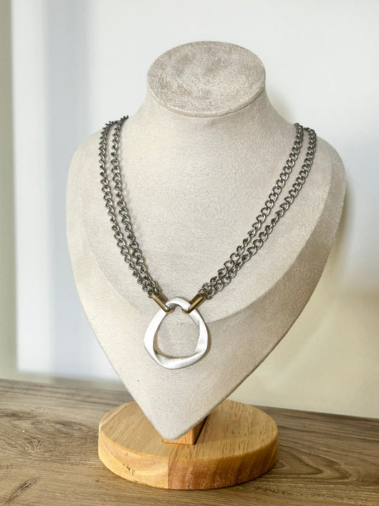 Handmade | Multi-strand Two-Toned Necklace with Silver Plated Geometric Pendant