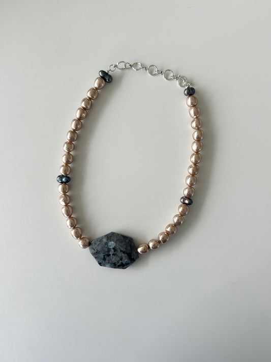 Mixed Freshwater Pearls with Grey Stone Pendant Necklace