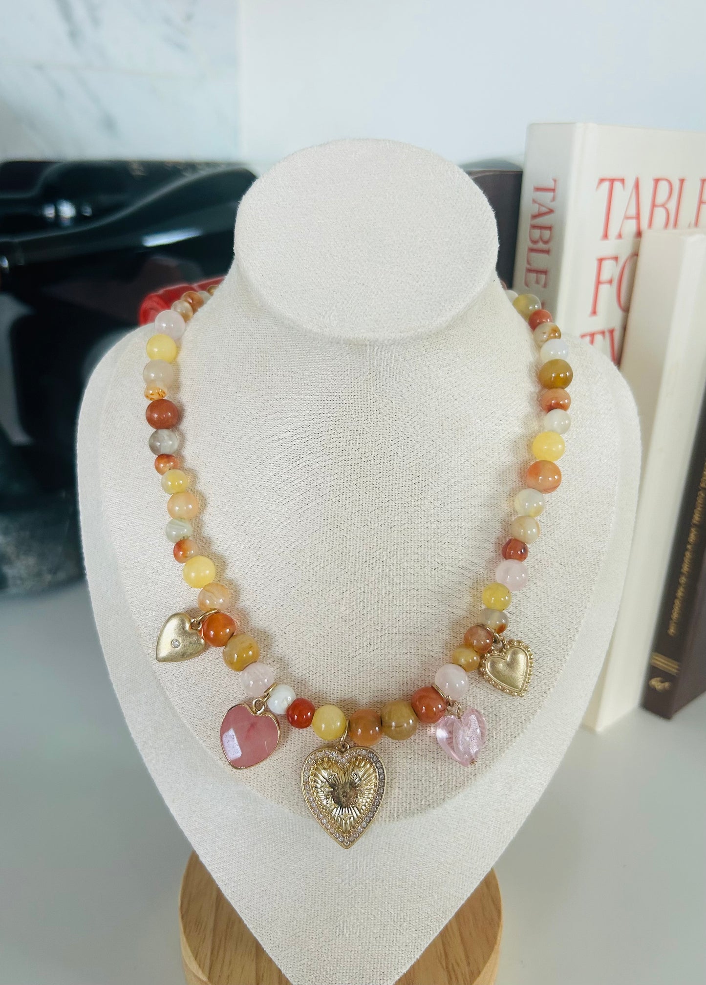 Orange Yellow Agate Semiprecious Gemstone Beaded Charm Necklace