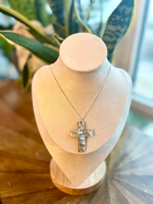 Fine Sterling Silver Chain Abalone Cross Necklace