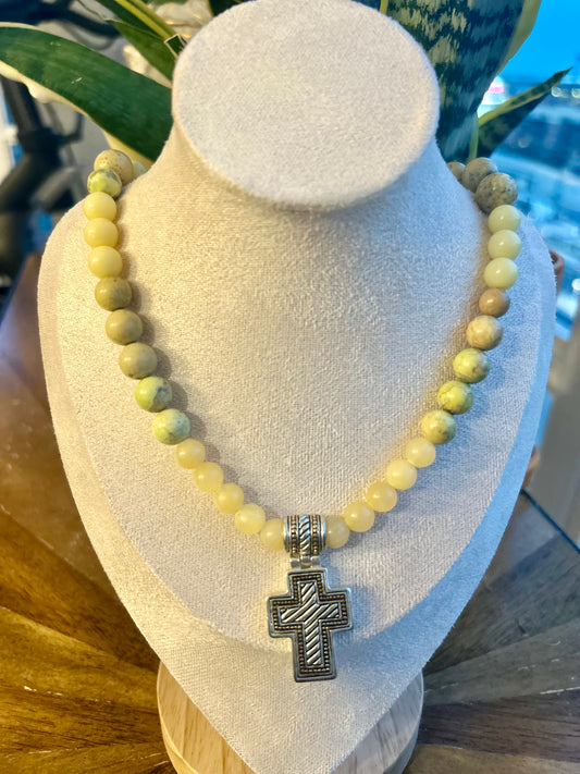 Cross Pendant Yellow Stone Beaded Necklace
