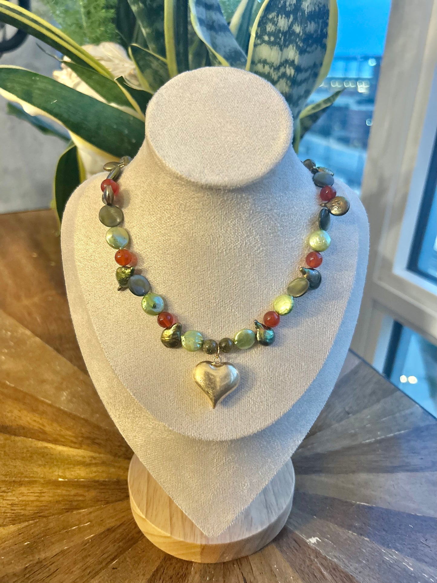 Green Freshwater Pearls Red Beads Gold Heart Charm Necklace