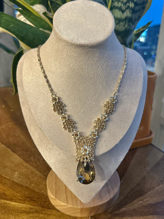 Givenchy-esque Gold Plated Rhinestone Necklace with Topaz-Colored Glass Teardrop Pendant