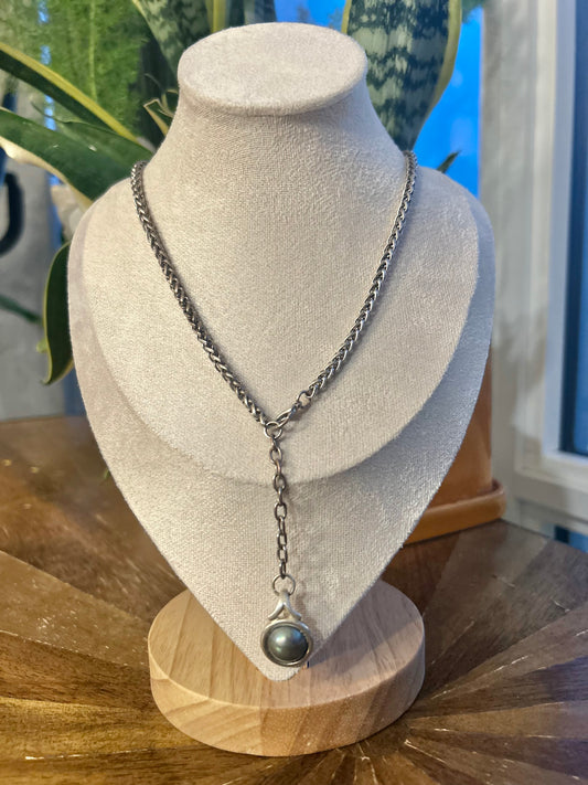 Long Silver Adjustable Chain Black Pearl Pendant